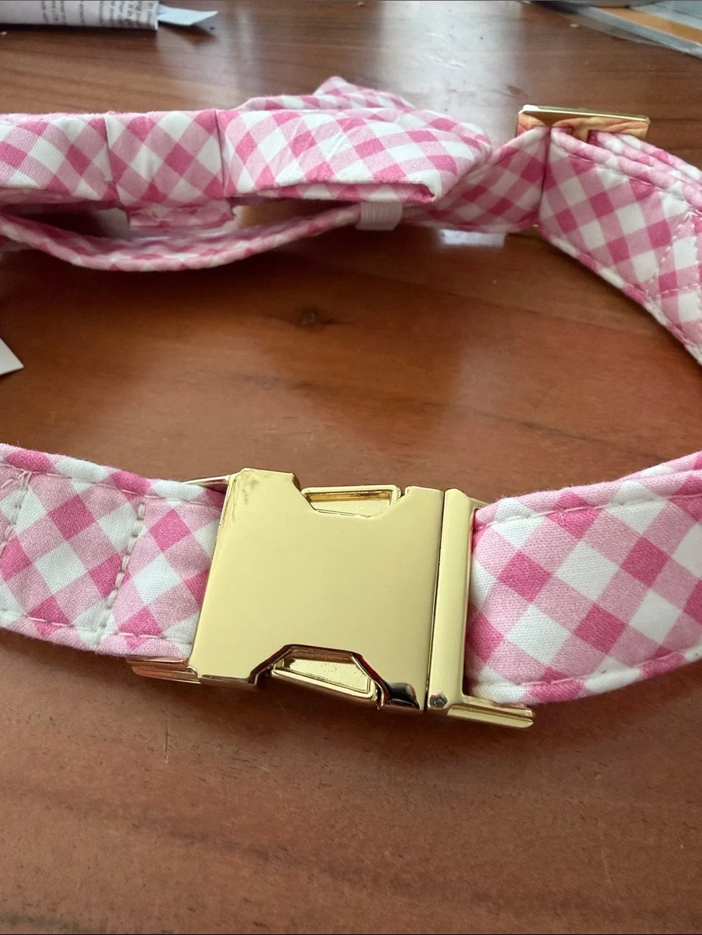 Hot Pink Gingham Lady Bow Dog Collar by foggy dog size large